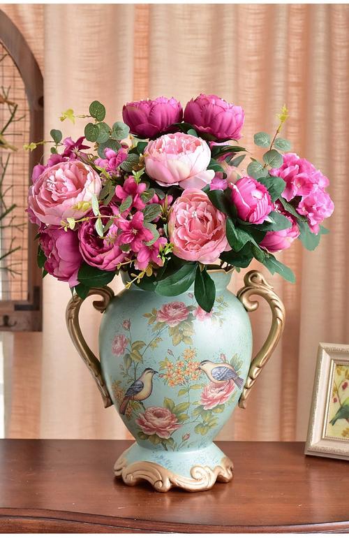 墨菲 欧式干花装饰摆件玫瑰仿真花美式乡村假花插花绢花艺干花客厅摆